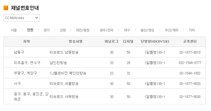 OCN 무비(movies) 편성표 보는 방법